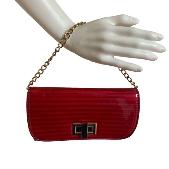 Small Red Patent Leather Clutch Handbag Bag Gold Chain Strap Polka Dot Lining - Picture 12 of 12